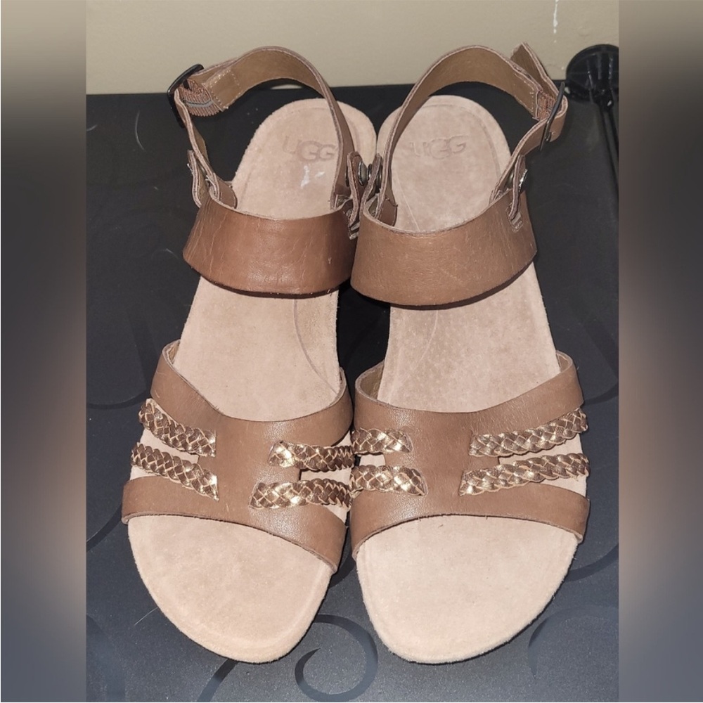 UGG Tan Sandals with Gold Chain Detail